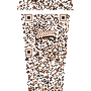 QR code in a custom coffee-cup style shape