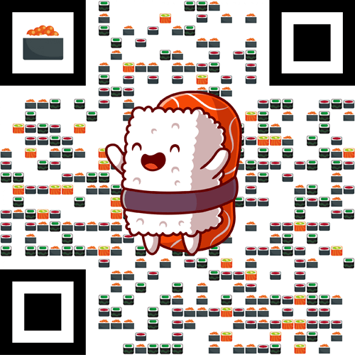 A custom QR code with sushi-roll modules and a sushi mascot