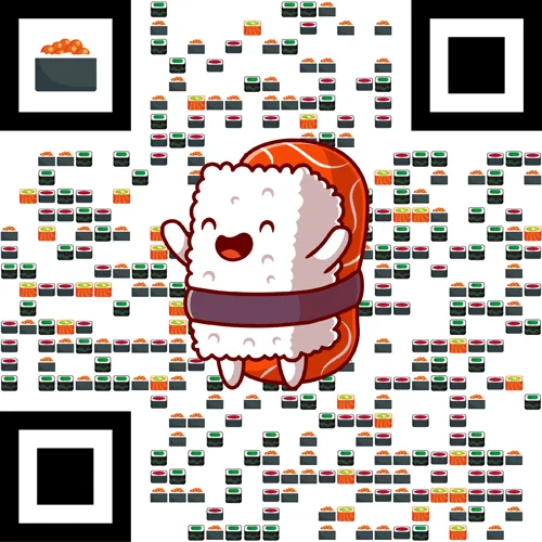 Custom QR code built from sushi modules with a mascot logo